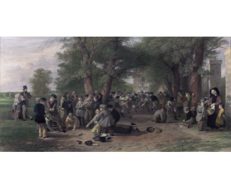 A VICTORIAN MIXED METHOD ENGRAVING OF CHILDREN PLAYING GAMES AFTER SCHOOL HAND COLOURED 45CM X 90CM  AND A GEORGE III INLAID 