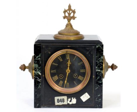 A FRENCH BRASS MOUNTED SLATE MANTEL CLOCK, OF SQUARE SHAPE, 28CM H, LATE 19TH C, LACKS BASE 