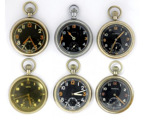 SIX ELGIN MOERIS RECTA AND OTHER NICKEL/PLATED BRITISH MILITARY ISSUE KEYLESS LEVER WATCHES WITH BLACK DIAL, CASE BACKS MARKE