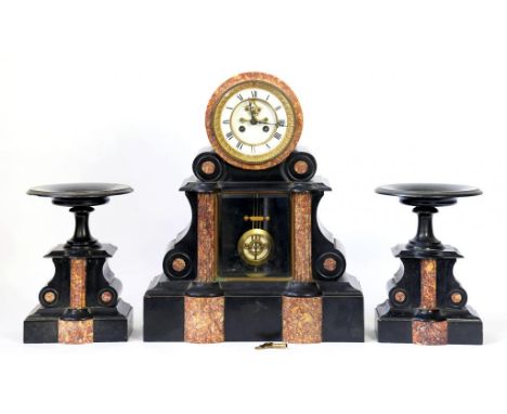 A FRENCH SLATE AND BROCATELLE   MARBLE GARNITURE DU CHEMINEE, THE CLOCK WITH DRUM CASED MOVEMENT WITH BROCOT ESCAPEMENT FLANK