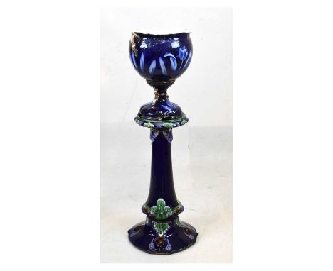 Blue glazed majolica planter or jardiniere, together with a majolia pedestal, 63cm high and smaller