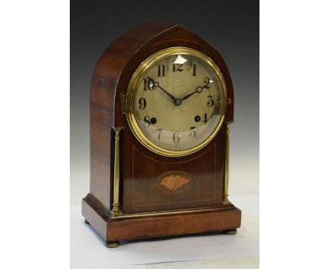 Edwardian inlaid mantel clock, having silvered Arabic dial, 30cm high 