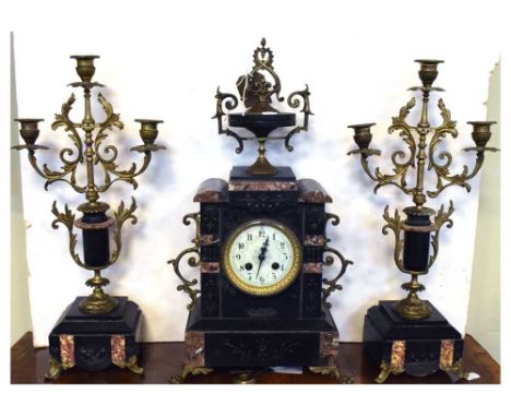 Black slate clock, having Roman dial, together with a pair candlesticks, 48cm high, with key and pendulum 