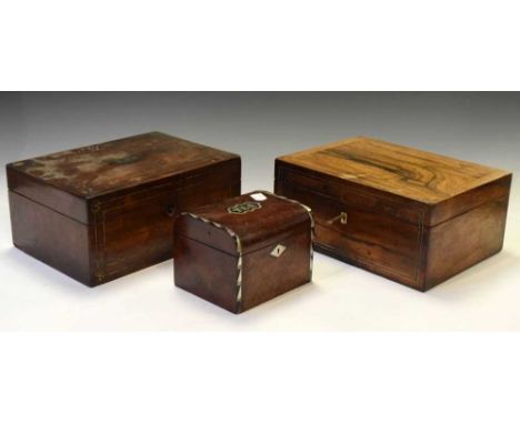 19th Century tea caddy, the cover captioned 'Tea', and two rosewood boxes, largest 28cm x 20cm x 12.5cm high, (3)