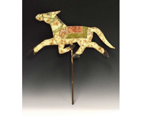 Folk Art painted metal weather vane, possibly American, circa 1900, modelled as a bridled dappled trotting pony or horse with
