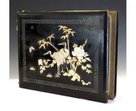 Japanese postcard / photograph album having crane and floral decoration in ivory and mother-of-pearl, the internal silk pages