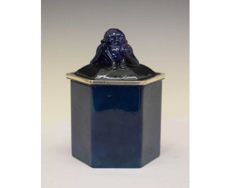 Rare Royal Doulton 'Titanian' ware silver-mounted hexagonal tobacco jar and cover, the domed cover (A/F) moulded with a seate