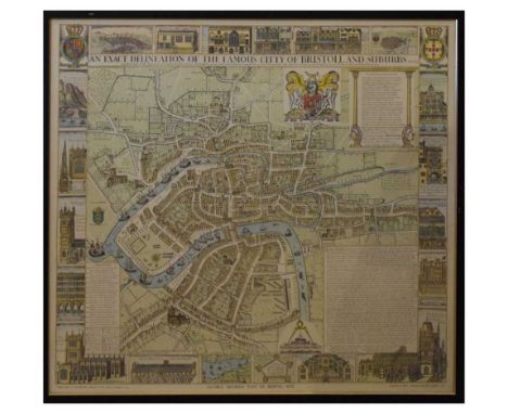 Vintage 1950's reproduction map of Jacobus Millerd's Plan of Bristol 1673- 'An Exact Delineation of The Famous City of Bristo
