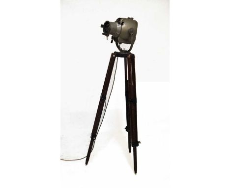 Strand Electric - mid-century stage spotlight or theatre lamp, on wooden tripod support, 135cm high overall