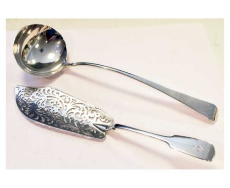 George III silver ladle, London 1811, 176g approx; and Victorian silver fish slice, London 1843, 147g approx, (2)