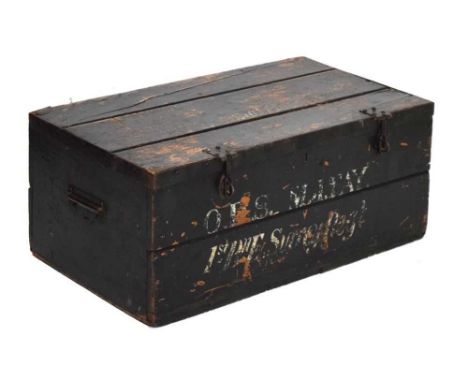 East Surrey Regimental military trunk, circa 1900, black-painted with vestiges of white painted script 'T. S. Personal Baggag