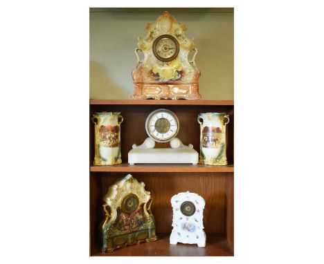 Assorted clocks and timepieces to include a French alabaster drumhead clock, pottery garniture etc., (6)