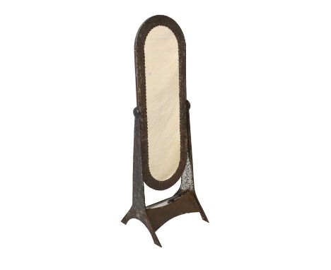 Hammered metal cheval mirror in the Arts &amp; Crafts tradition, 52cm x 50cm x 158cm