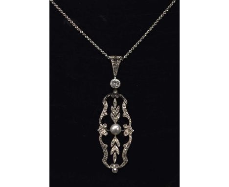 Belle Epoque diamond and pearl pendant on chain, the 3.7mm pearl (untested and unwarranted) to a rose diamond set frame, with