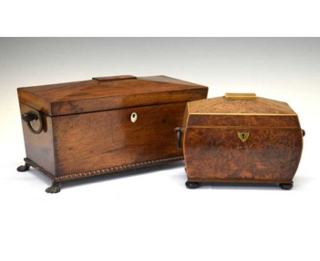 Rosewood sarcophagus tea caddy, 32cm wide, together with a burr wood caddy, 20cm wide, (2)