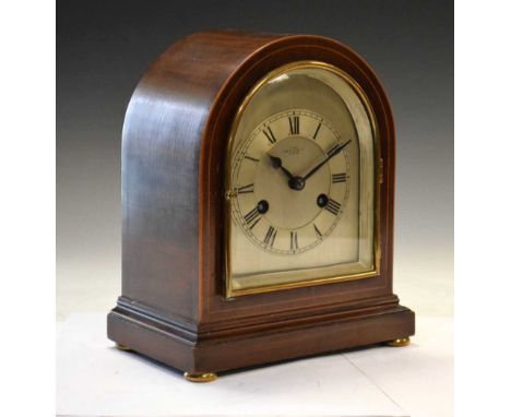 Early 20th Century German inlaid mantel clock, having silvered Roman chapter ring, retailed by 'Oswin &amp; Co Ltd. Hereford'