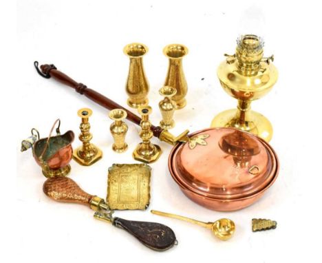 Quantity of brass to include; oil lamp, power flasks, candlesticks, vases etc 