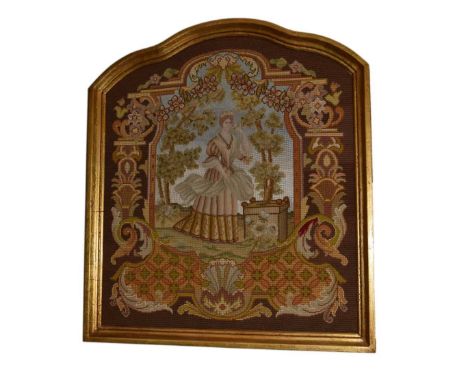 19th Centry gros and petit point needlework tapestry panel of arched design, probably a chair back, depicting a lady in a lan