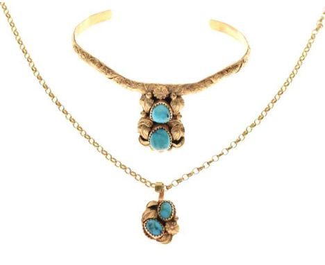 Native 'American Indian' torque bangle set turquoise, and matching pendant, both stamped '14k', and an unmarked belcher-link 