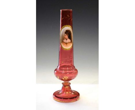 Bohemian overlay glass vase circa 1900, decorated with a raised oval portrait of a lady in profile, traces of gilding, 26.5cm