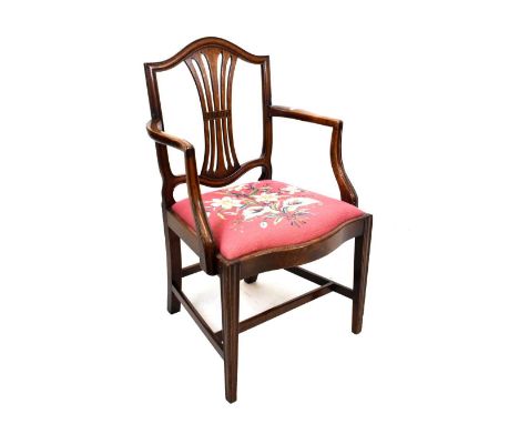 Hepplewhite revival mahogany elbow chair, pink tapestry drop-in seat, 56cm (seat widest point) x 95cm high