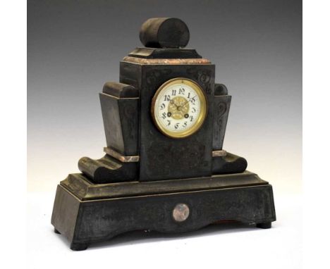 Late 19th Century French black slate and marble mantel clock, 45cm wide x 44cm high