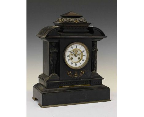Black slate 'Temple' mantel clock, having Roman chapter ring, 35cm x 43cm high