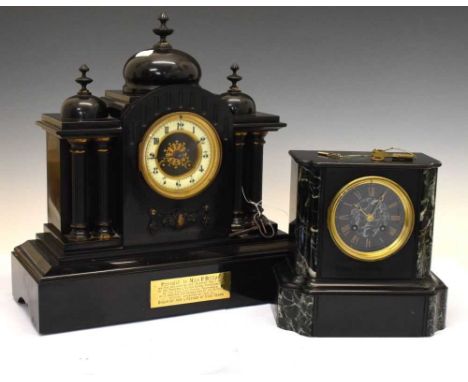 French black slate mantel clock of triple-dome design (41cm x 41cm high), together with another smaller slate clock (22cm hig