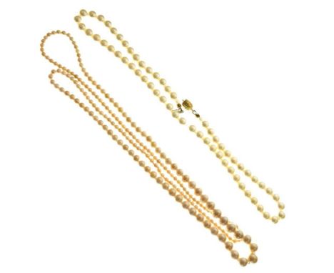 Two pearl necklaces, a 9ct gold and freshwater pearl necklace, and a pair of cultured pearl earrings (4)