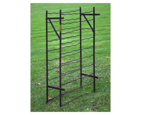 Vintage wrought iron fifty-bottle wine rack, having ten tiers each of five wavy bars, 'Rigidex' decal to side, 103cm high