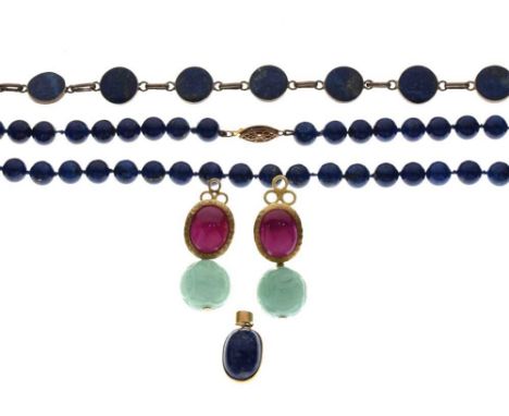 Lapis bead necklace, lapis circular panel bracelet, and a lapis pendant, together with a pair of carved jade and cabochon rub
