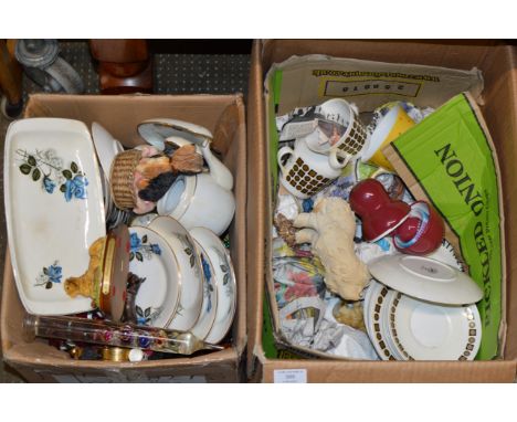 2 BOXES WITH MIXED CERAMICS, ORNAMENTS, TEA WARE, GALILEO THERMOMETER ETC     