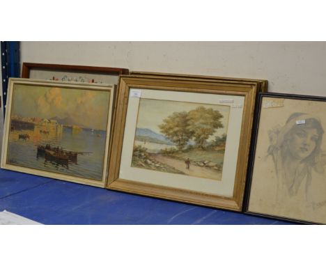 VARIOUS PAINTINGS &amp; PRINTS, OIL ON CANVAS - CONTINENTAL SCENE WITH ROWING BOATS &amp; VARIOUS FIGURES, BY A. NONETTI, WAT