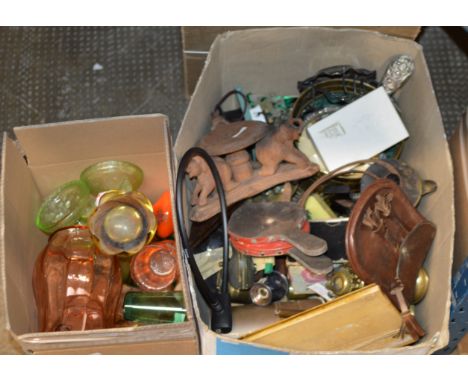 VINTAGE GAME &amp; 2 BOXES CONTAINING WOODEN ELEPHANT DISPLAY, BELLOWS, SPORRAN, ASSORTED GLASS WARE, PIPE CASE &amp; GENERAL