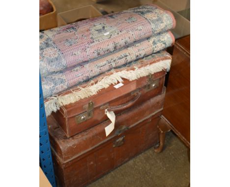 FRINGED EDGE RUNNER RUG, VINTAGE CASE &amp; METAL TRUNK     