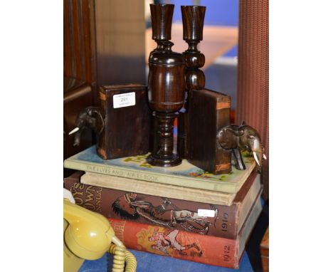 VARIOUS VINTAGE BOOKS, PAIR OF WOODEN ELEPHANT BOOKENDS &amp; PAIR OF WOODEN CANDLE STICKS WITH MATCHING LIDDED GOBLET     
