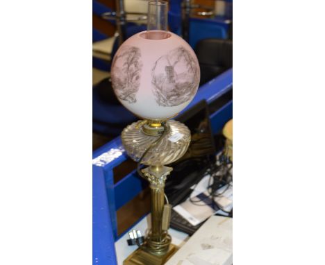 BRASS COLUMNED CONVERTED PARAFFIN LAMP WITH FUNNEL &amp; COLOURED GLASS SHADE     