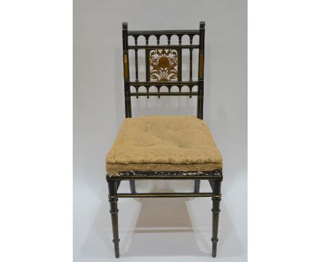 Aesthetic movement chair  ebonised with carved panel  83cm high 