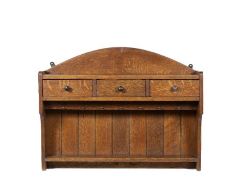 Heals  wall shelf unit, circa 1910, oak  84cm wide x 65cm high approx x 20cm deep overall 