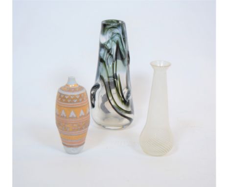 Whitefriars 'Knobbly' vase 23cm high, a Murano Reticello type vase 18cm high and a Mary Rich (b.1950) vase, 15cm high  (3)