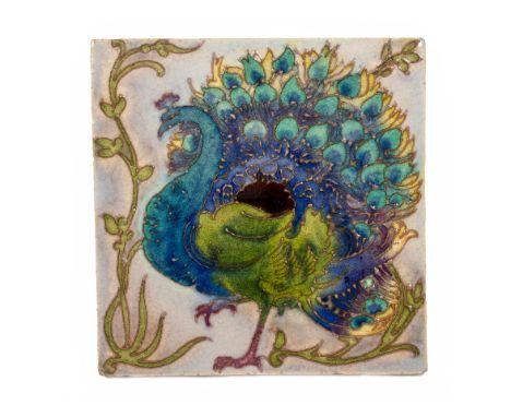 In the manner of William De Morgan  (1839-1917) tile, with tubeline and enamel decoration of a peacock  marked 'Carters, Pool