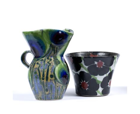 Janice Tchalenko for Dartington Pottery  studio pottery 'Peacock' ewer 25cm high and one other floral vase or planter 15cm hi