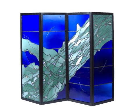 Chinks Vere Grylls (British, Contemporary) Four fold blue glass screen, 1979 Framed in ebonised mahogany with interlocking fi