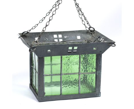Arts and Crafts hanging light fitting, metal mounts and green glass panels  18cm x 27cm x 22cm