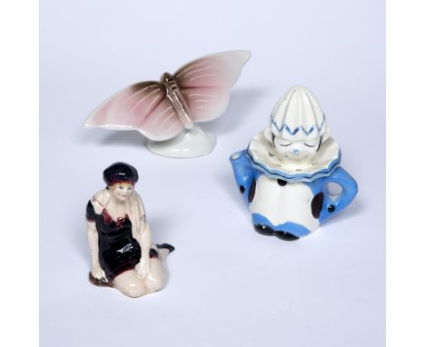 Group of Art Deco style pottery to include; Pierrot clown novelty lemon squeezer, model of a maiden etc  (3)