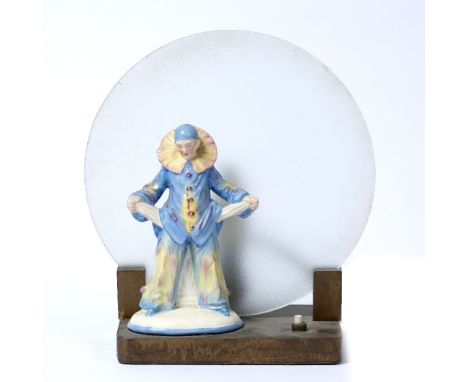 Art Deco Pierrot clown table lamp on gold painted base  24.5cm high including glass plate