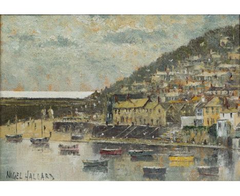 Nigel Hallard (b.1936) 'Mousehole Harbour, Cornwall' oil on panel  signed lower left and signed with dedication to the revers