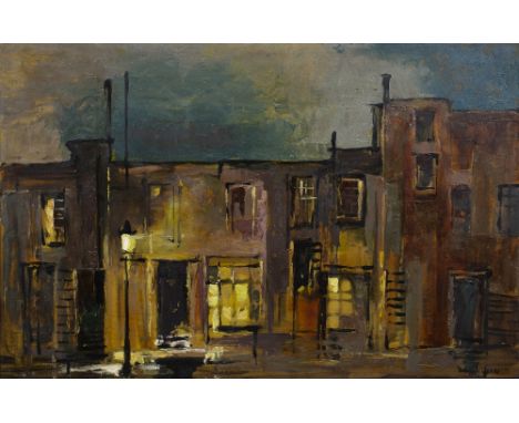 Deborah Jones (1921-2012)  'Lamp lit street scene' oil on panel  signed lower right  49cm x 73cm