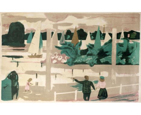 Julian Trevelyan (1910-1988)  'Thames Regatta' lithograph, dated 1951 for School Prints Ltd, unframed 49cm x 76cm