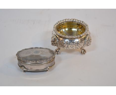 Georgian silver salt cellar  bearing marks for London, makers mark and date code indistinct and a silver lidded trinket box  